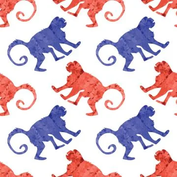 Red Blue Monkey Seamless Pattern. Wild Tropical Mammal Animal Ape Icon. Symbol Stock Illustration