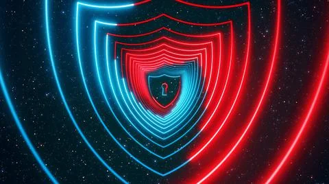 Red Blue Shield Lock Cyber Security Technology  Neon Light Tunnel Sparkle dust  Stock Illustration
