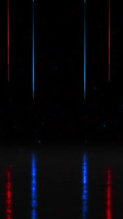 Red blue vertical laser stage glowing beams, dark reflective floor, and scattere Video stock 340479724