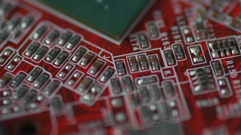 Red board with chips and microcircuits in slow motion Stock Footage 151247274