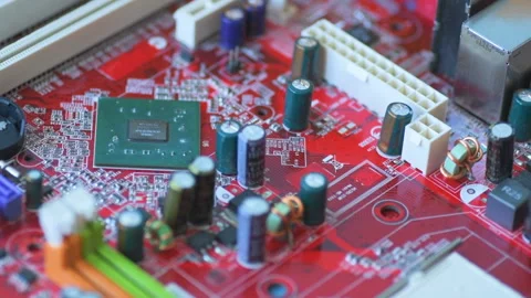 Red board with chips and microcircuits in slow motion Stock Footage 151254282