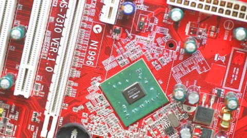 Red board with chips and microcircuits in slow motion Stock Footage 151254492