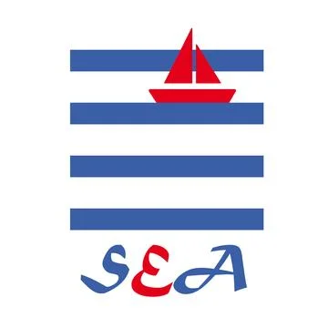 The red boat on blue waves and the word SEA Stock Illustration