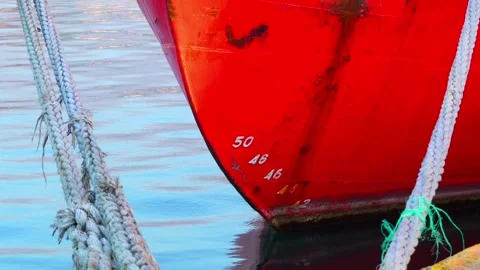 Red boat bow with mooring ropes and water reflections in harbor setting Stock Footage 330991653