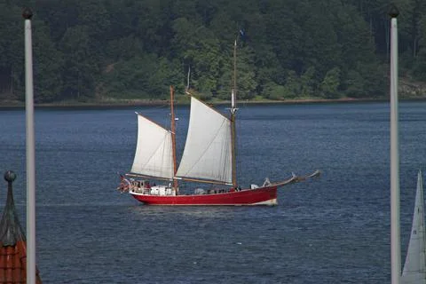 A red bodied sailing ship sails along Flensburg Fjord in Schleswig Holstein r Foto stock