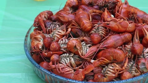 Red boiled crawfish in a plate on the table Stock Footage 85692144