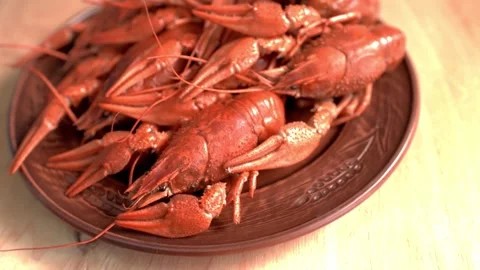 Red boiled crayfish on plate on table. HD Stock Footage 141446558