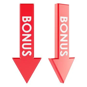 Red bonus arrows down pointing, front and perspective views. 3D rendering 스톡 일러스트