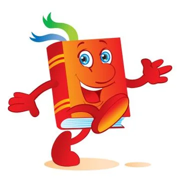 Red book character with two bookmarks walks waving fun, isolated object on wh 스톡 일러스트
