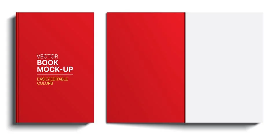 Red book cover realistic vector mockup. Closed and opened book isolated on white Stock Illustration