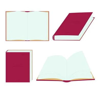 Red book in different projections. Open and close books in various positions. Stock Illustration