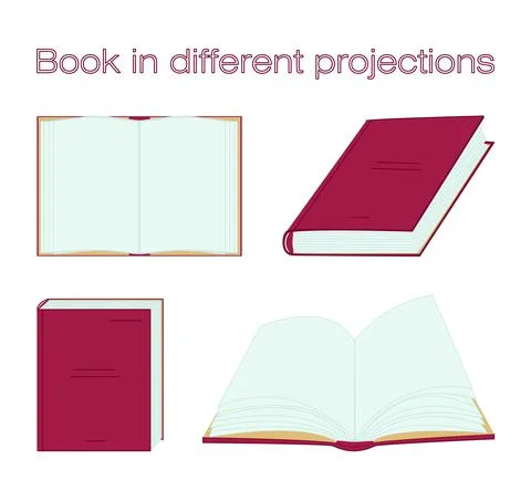 Red book in different projections. Vector open and close books in various Stock Illustration