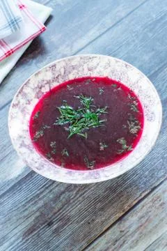Red borscht - clear beetroot soup common in Eastern Europe and Russia Stock Photos