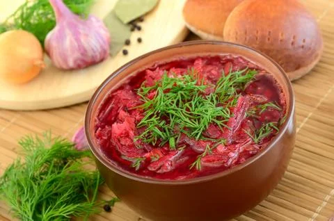 Red borscht with dill Stock Photos
