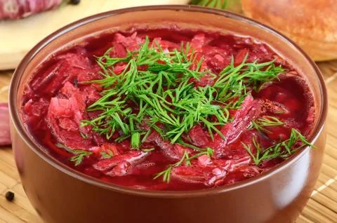 Red borscht with dill Stock Photos