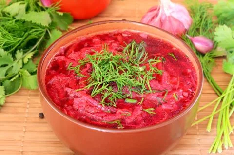 Red borscht with dill Stock Photos