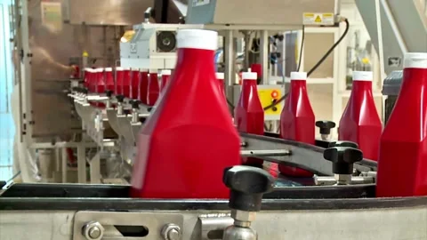 Red bottle ketchup plastic line industry on factory food and beverage process Vídeos de archivo 334587719