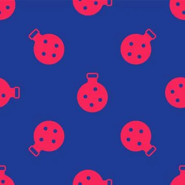 Red Bottle with potion icon isolated seamless pattern on blue background. Flask Illustrazione stock