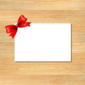 Red bow and blank gift tag with wooden wallpaper Stock Illustration