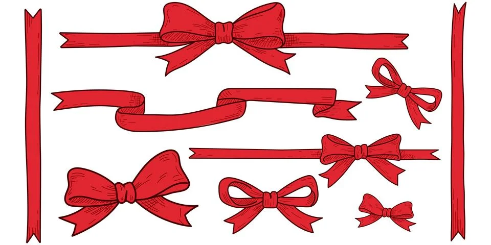 Red bow drawn in pencil. Ribbons drawn in pencil. Set of vector illustratio.. Stock Illustration