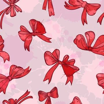 Red bow ribbons seamless pattern. Vector hand drawn sketch illustration. Holi Stock Illustration