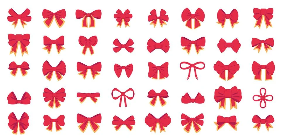 Red bow set. Cartoon vector red bows with yellow line ribbons satin bows for  Stock Illustration