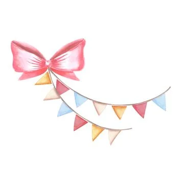 Red bow silk ribbon with flags garland. Colorful Happy Birthday festive clipart Stock Illustration