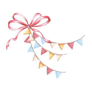Red bow silk ribbon with flags garland. Colorful Happy Birthday festive clipart Stock Illustration
