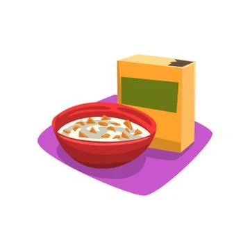 Red bowl full of corn flakes with milk. Breakfast concept. Fast food. Good Illustrazione stock