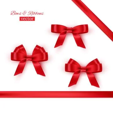 Red bows and ribbons. Vector realistic design elements set. Stock Illustration