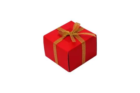 Red box with a bow of gold braid isolated on a white background. Gift. Stock Photos