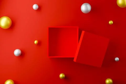 Red box open on red background with sphere ball silver and gold color. 3d ill 库存插图