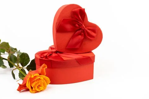 Red box in shape of heart. Gift box for Valentine's Day whith rose. Isolated  Stock Photos