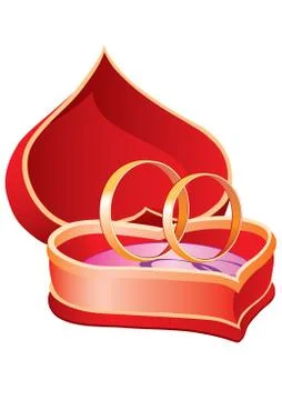 In a red box in the shape of a heart lie two gold rings without a stone Illustrazione stock