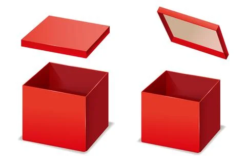 Red boxes opened, paper, cardboard. Vector template isolated mockup for design Stockillustratie