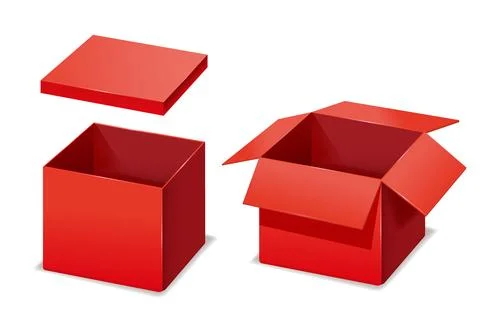 Red boxes opened, paper, cardboard. Vector template isolated mockup for design Stock Illustration