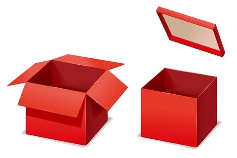 Red boxes opened, paper, cardboard. Vector template isolated mockup for design Stockillustratie
