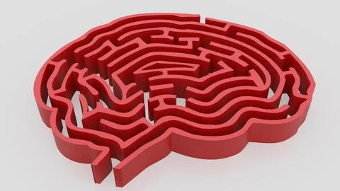 The red Brain maze on white background  3d rendering. Stock Illustration