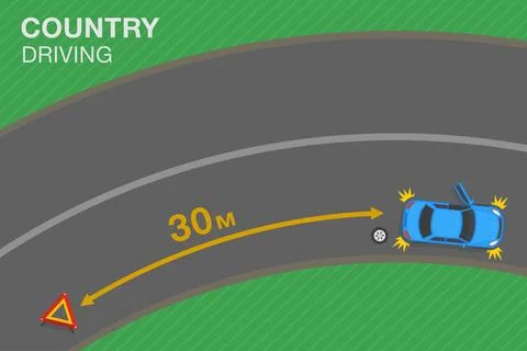 Red breakdown triangle stands near broken car on country road. Top view. Stock Illustration