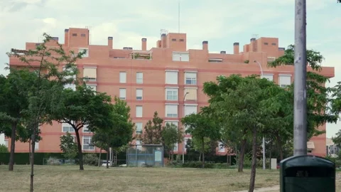 Red Brick Apartment Building and Public Park in Madrid, Spain Vídeos de archivo 336301109