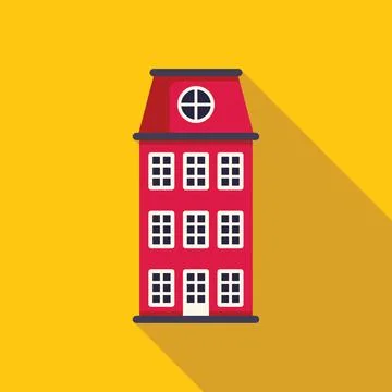 Red brick building facade with mansard roof casting long shadow on yellow Ilustración de archivo