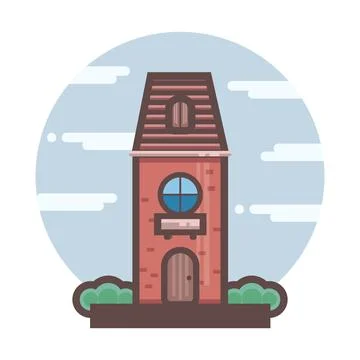 Red brick building flat icon. City architecture. Cartoon of fairytale style Ilustración de archivo