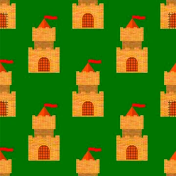 Red Brick Castle Seamless Pattern on Green Stock Illustration