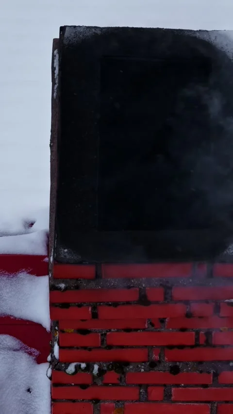 Red Brick Chimney Emitting Smoke Against Snowy Background Stock Footage 336338703