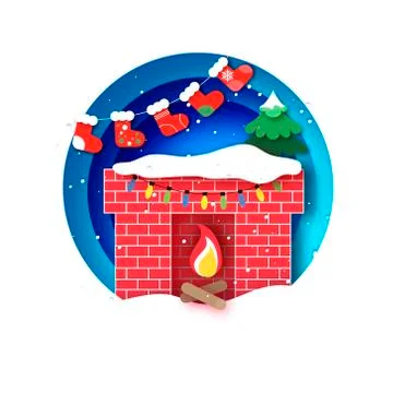 Red Brick Fireplace with Socks ans Christmas tree. Happy New Year decoration Stock Illustration