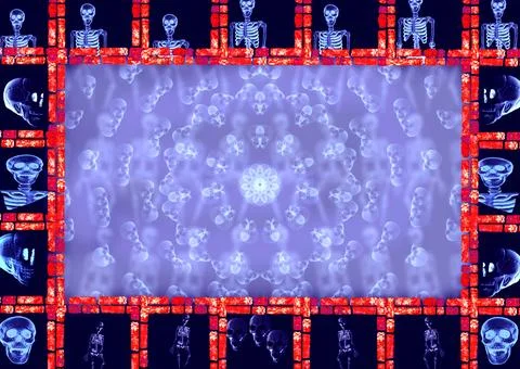 Red brick frame with various Halloween skeletons on dark Stock Illustration