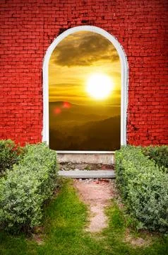 Red brick gate sunset on the mountain Stock Photos