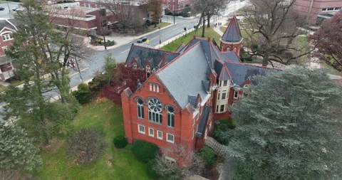 Red brick gothic mansion building with slate roof. Ornate architecture. Stock Footage 167193301