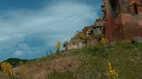 Red Brick Monastry Ruin on the Side of a Hill Видео 53232720