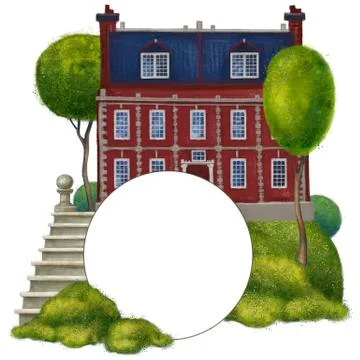 Red brick old mansion. Composition with a round frame Stock Illustration